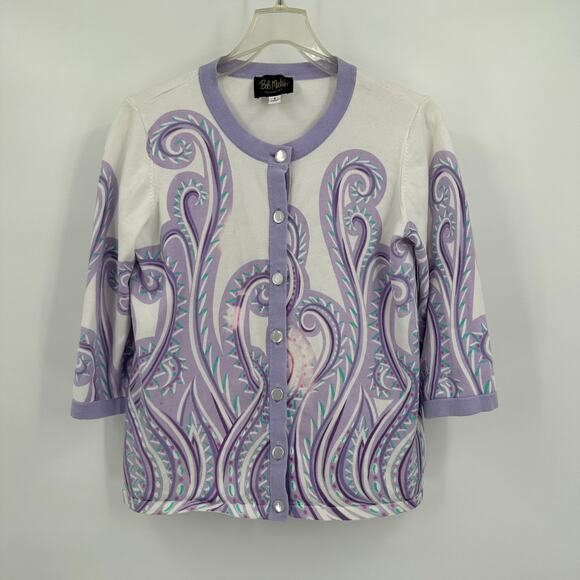 Bob Mackie Sweaters - Bob Mackie Wearable Art Womens Caridgan‎ Size S Paisley Purple White Artsy